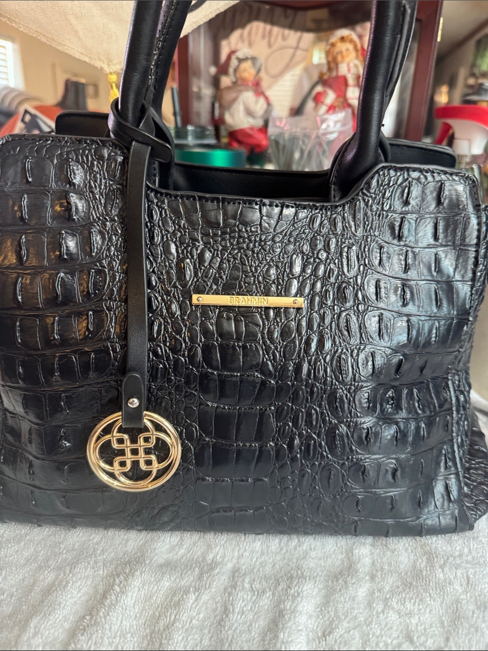 Brahmin Black Croc-Embossed Shoulder Bag with Gold Hardware